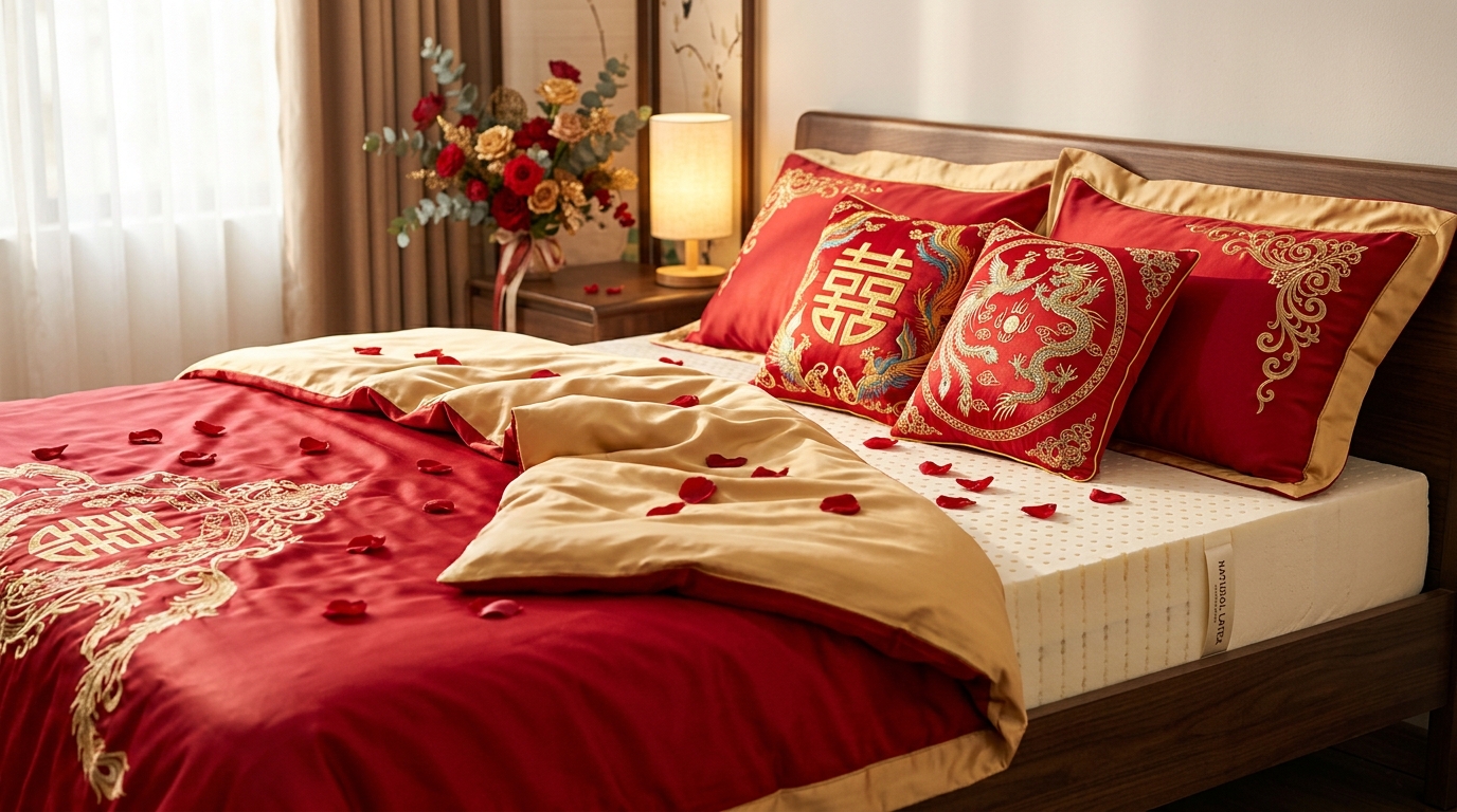 Bộ chăn ga gối đệm cưới sang trọng tone đỏ vàng