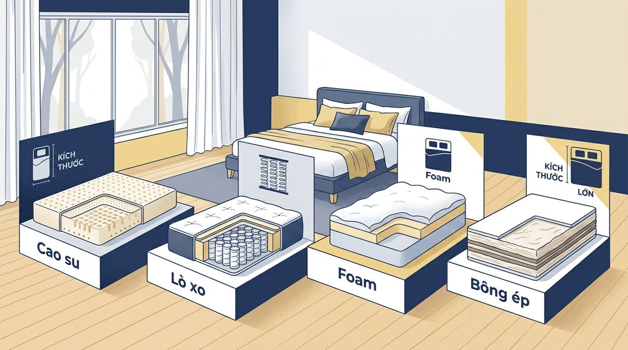 Ảnh minh họa các dòng nệm Kim Cương cao su, lò xo, foam và bông ép