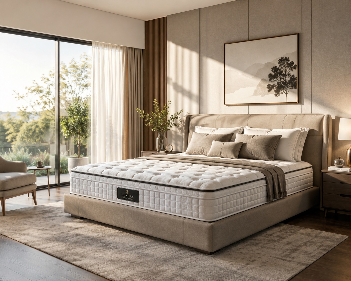 Phòng ngủ hiện đại với chiếc nệm cao cấp, ánh sáng tự nhiên buổi sáng
