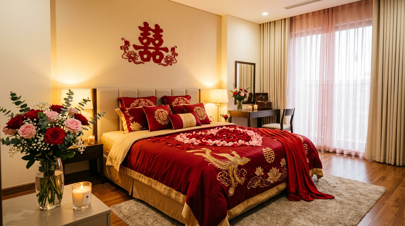 Phòng cưới sang trọng với tone đỏ vàng truyền thống